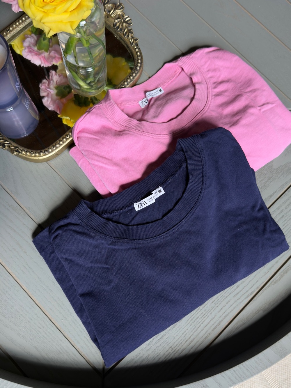 Zara cropped Pink & Navy Short-Sleeve Cotton Tee Set